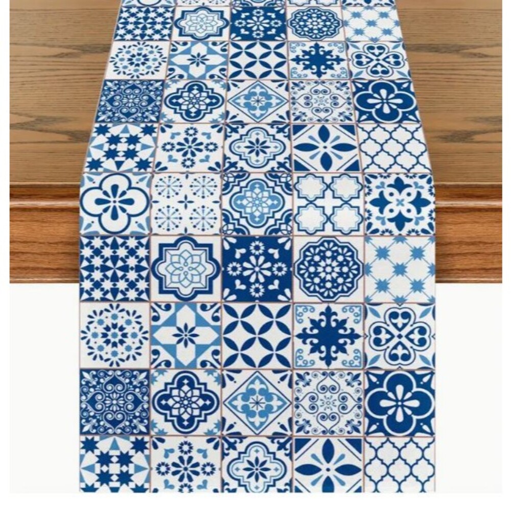 Bohemian Retro Table Runner 13x72in Blue and White Woven Polyester